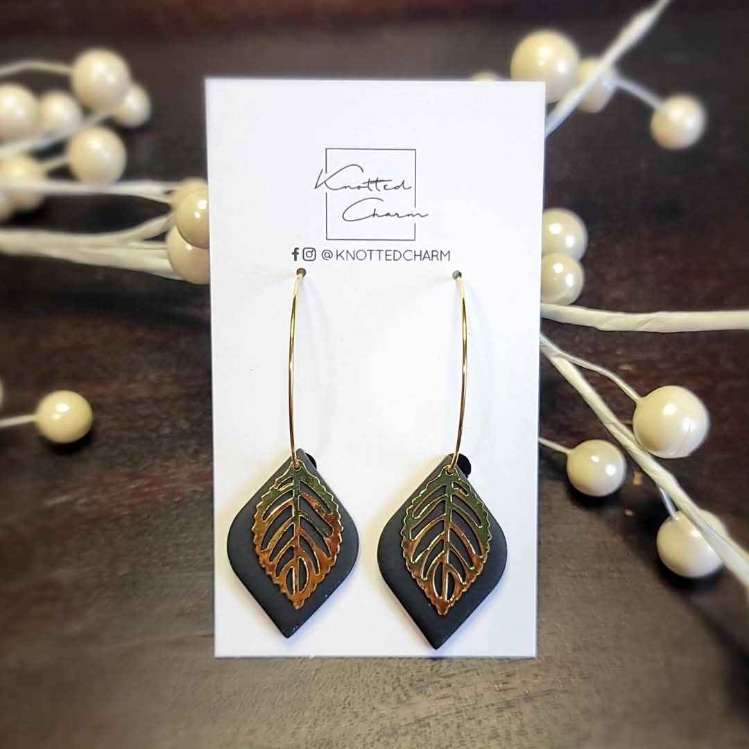 Gold Leaf Dangle Hoop Earring -Lg Black