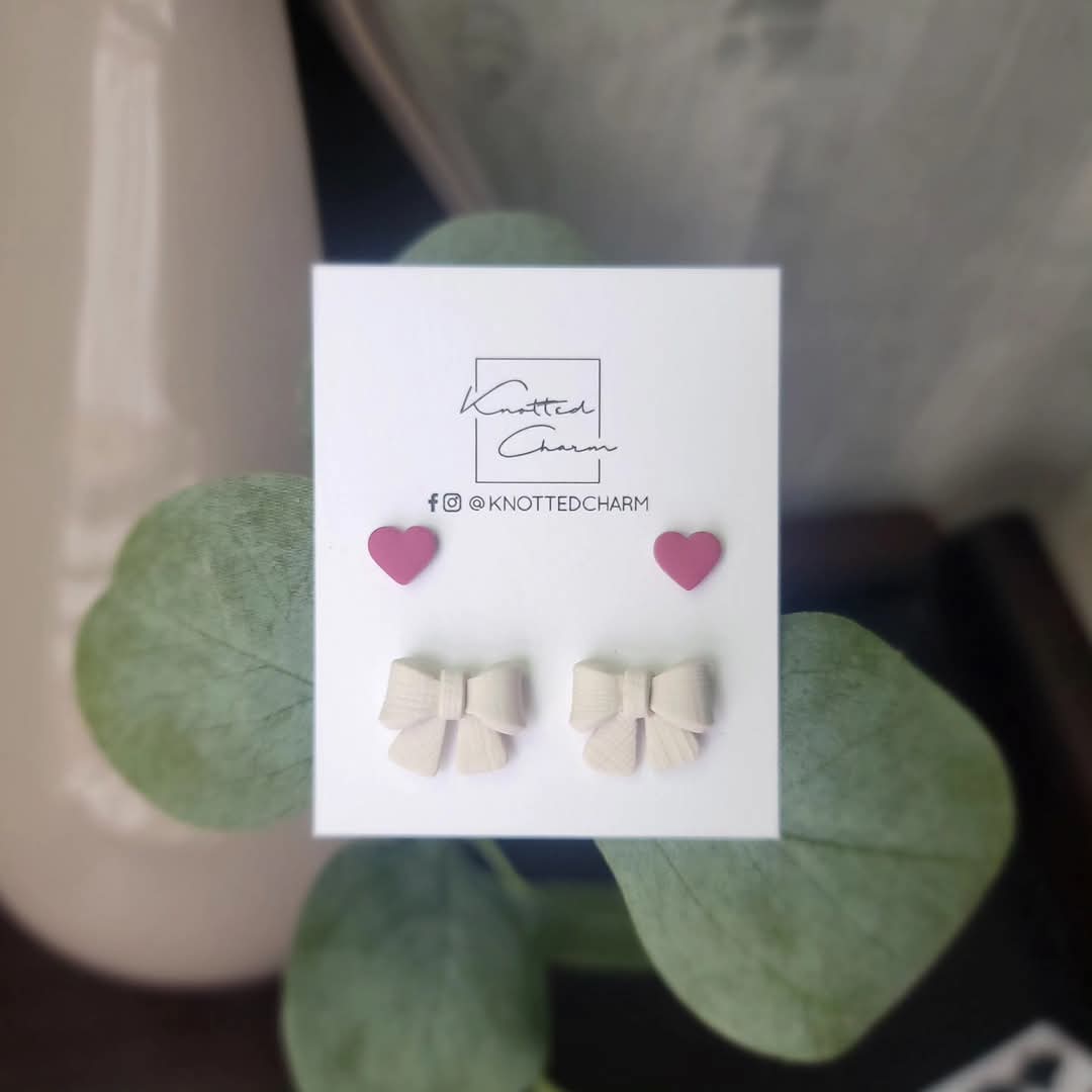 Bows and hearts Earrings  set-cream and dark pink