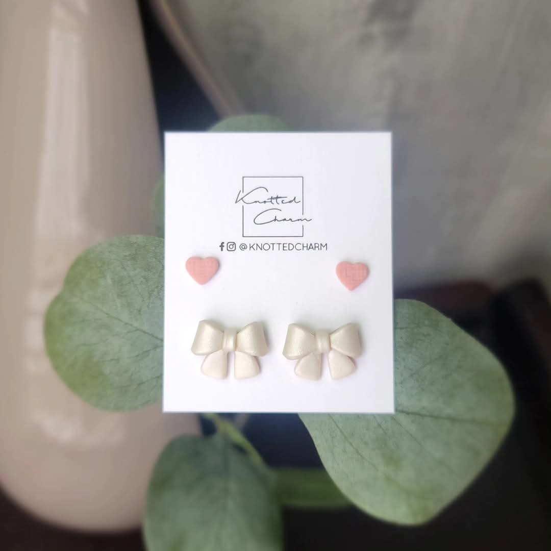 Bows and hearts Earrings  set-pearl and pink