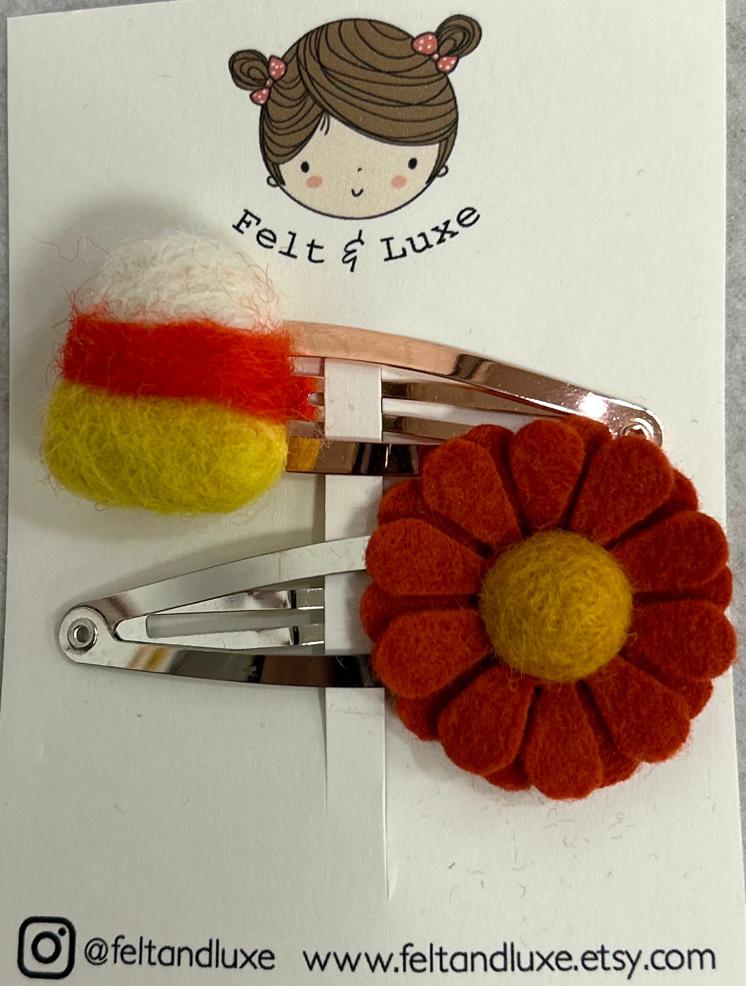 Hand Felted Candy Corn & Rust Daisy Hair Clips