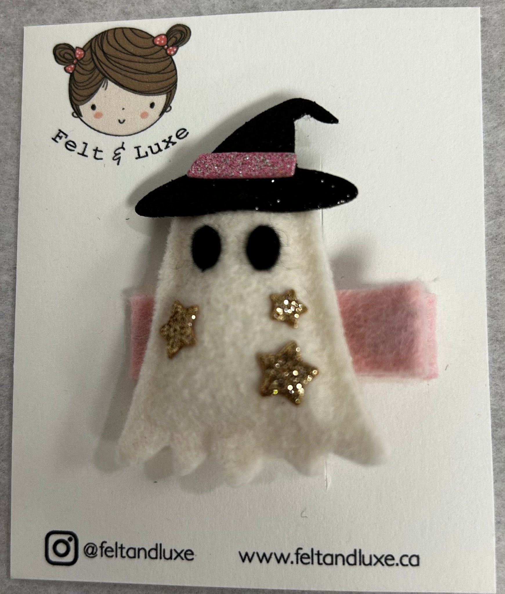 Hand Felt White Ghost W/ Black Hat Hair Clip - Single