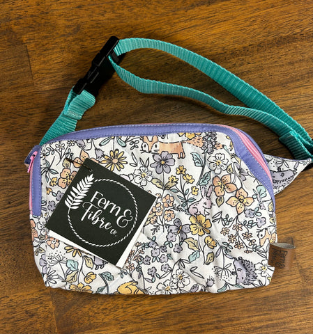 Child Quilted Fanny Pack - Purple Flowers W/ Aqua Strap