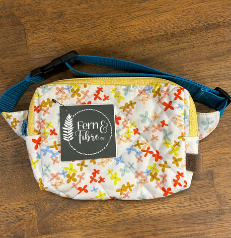 Child Quilted Fanny Pack - Multi Flowers W/ Teal Strap