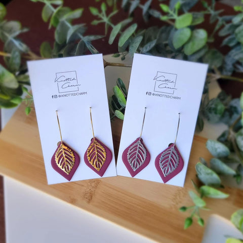 Gold Leaf Dangle Sm Hoop - Burgundy