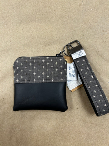 Small 1/2 Vegan Leather & 1/2 Cotton Fabric 4"x4" Zipper Pouch - Black/ Grey