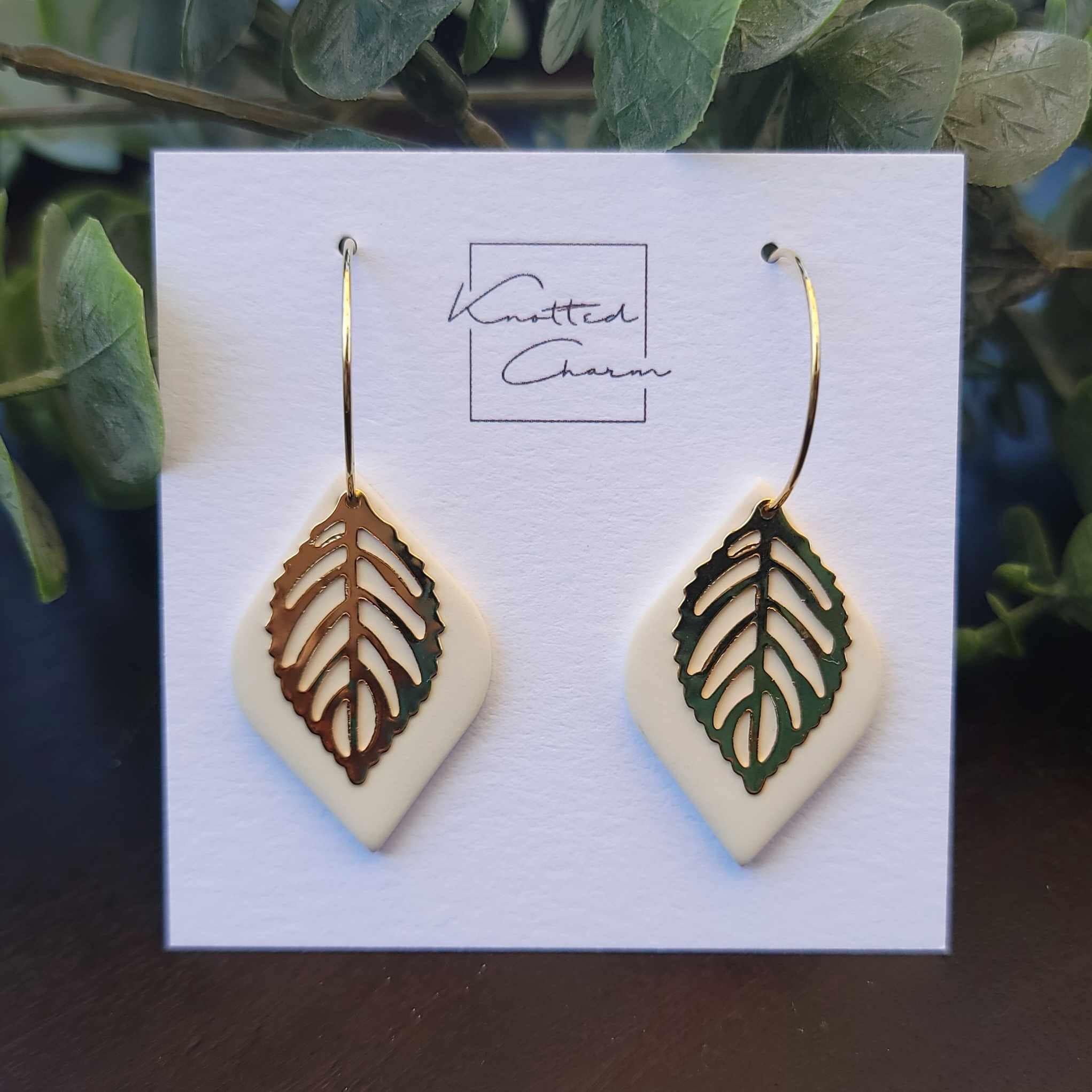 Gold Leaf Dangle Earring - White