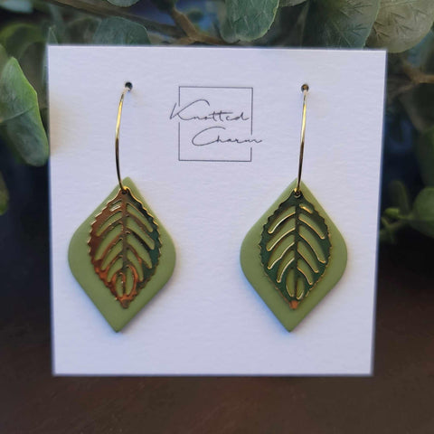Gold Leaf Dangle Earring - large hoop Green