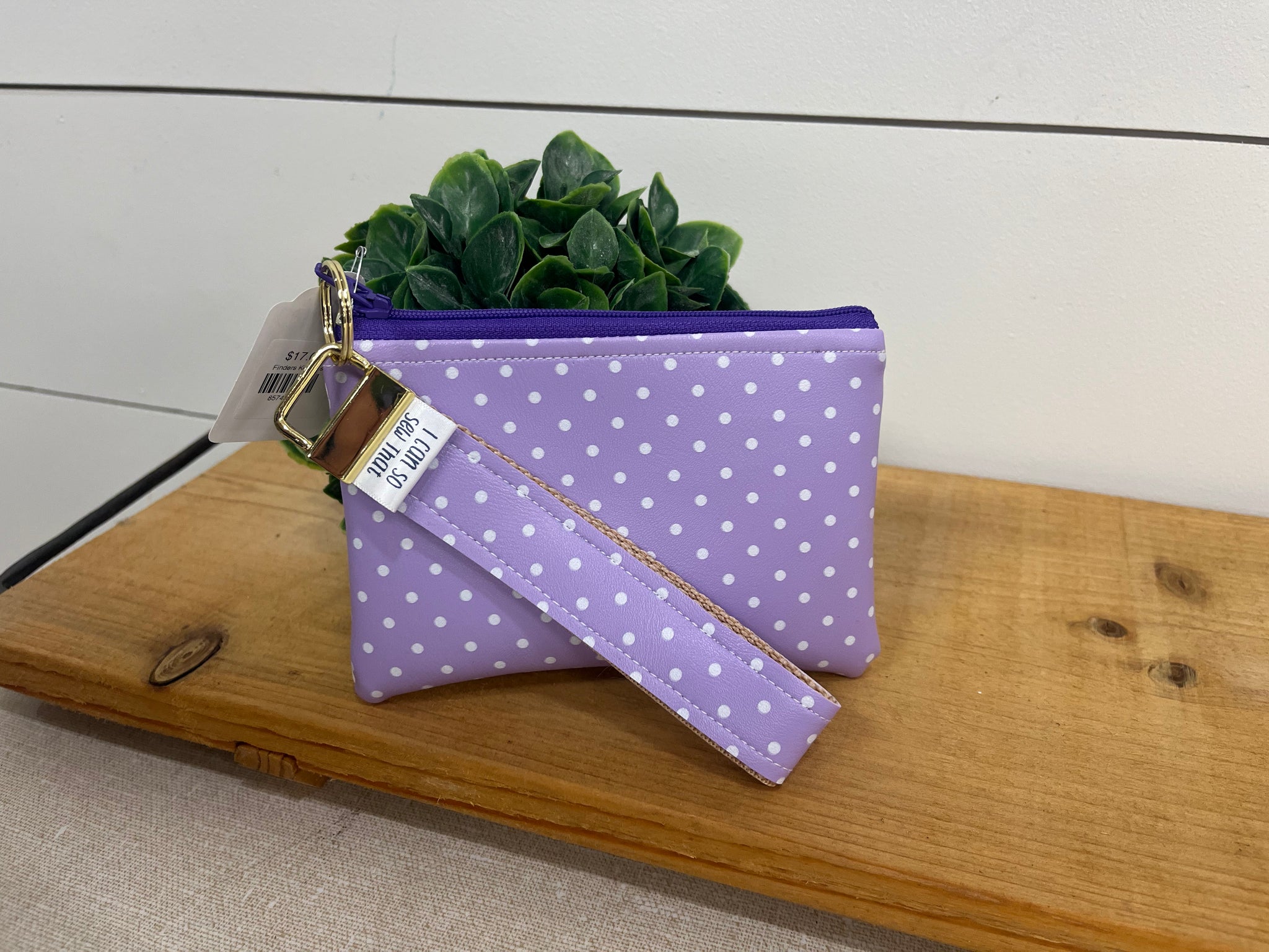 Faux Zip With Fob Keychain Pouch- Purple Polka Dots