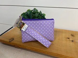 Faux Zip With Fob Keychain Pouch- Purple Polka Dots