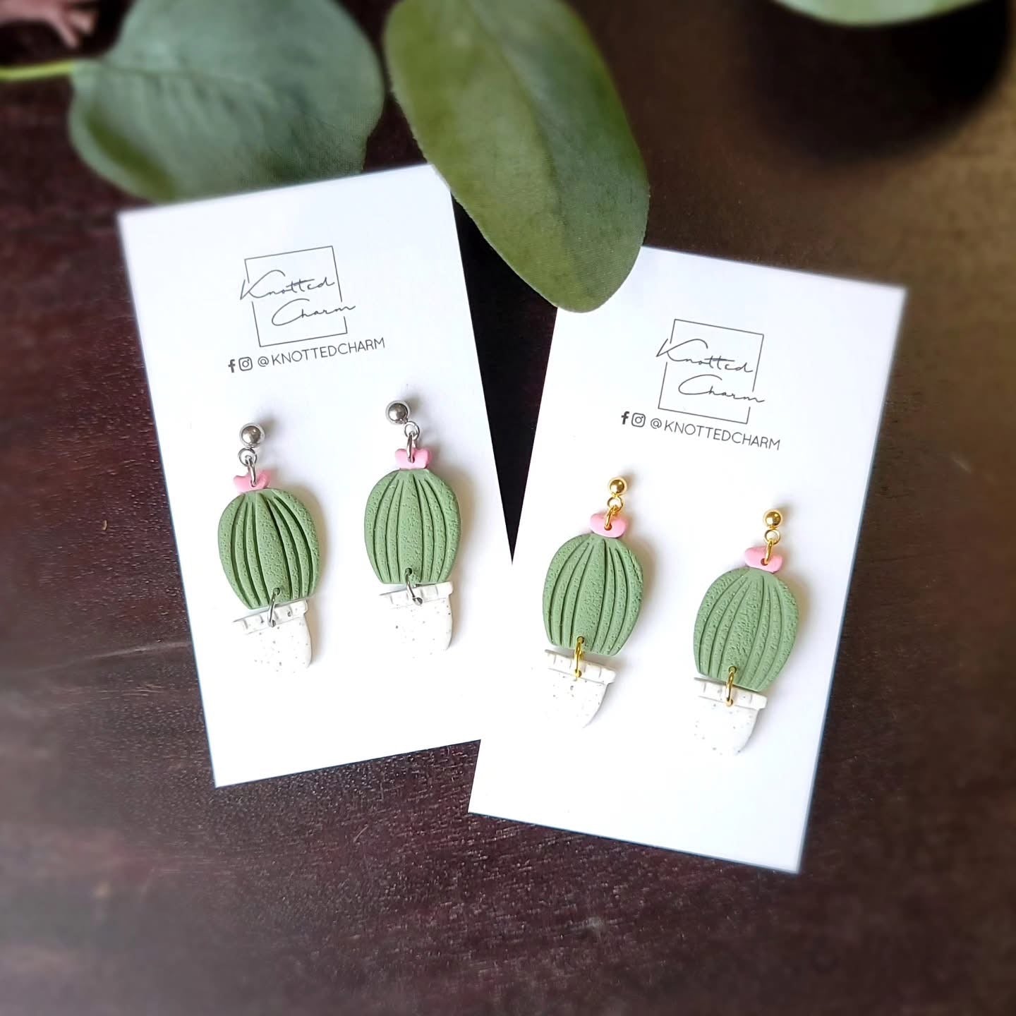 Round Cactus With Flower Dangle Earring -Gold Stud