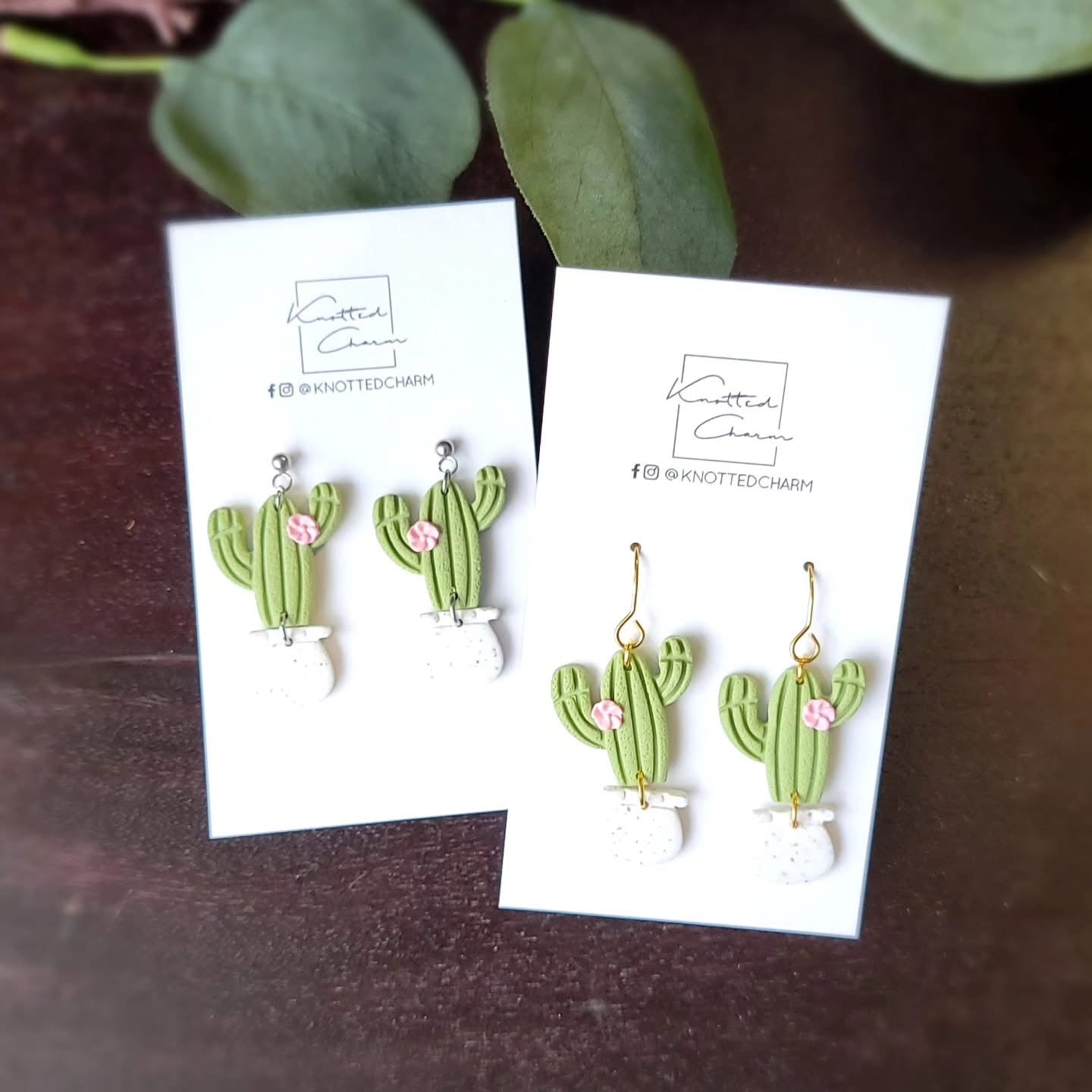 3 Armed Cactus With Flower In Pot Dangle Earring -Silver  Stud