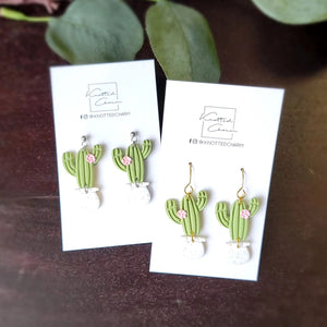 3 Armed Cactus With Flower In Pot Dangle Earring -Silver  Stud