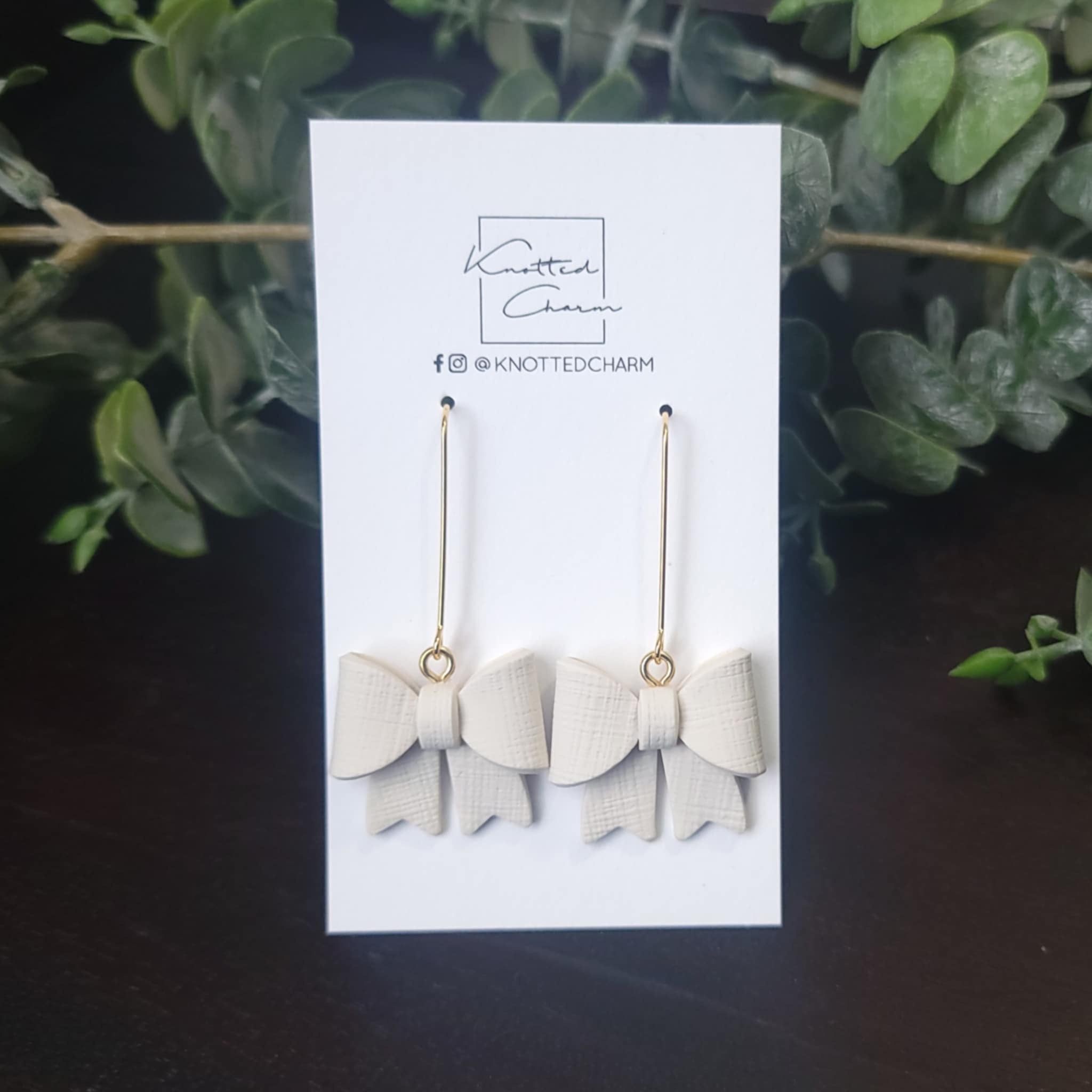 Dangle Bow Earrings - Cream and Gold