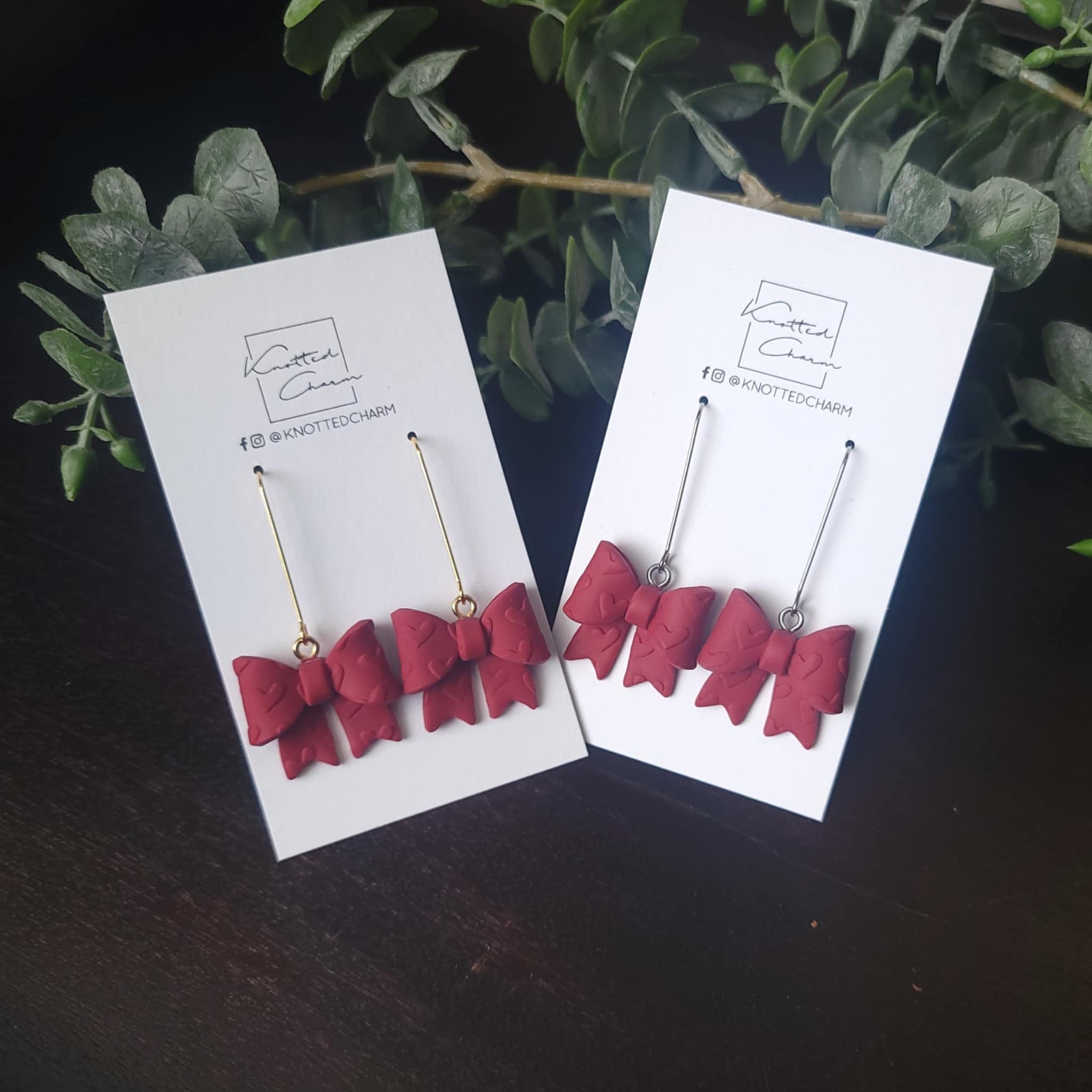 Dangle Bow Earrings - Red with Silver
