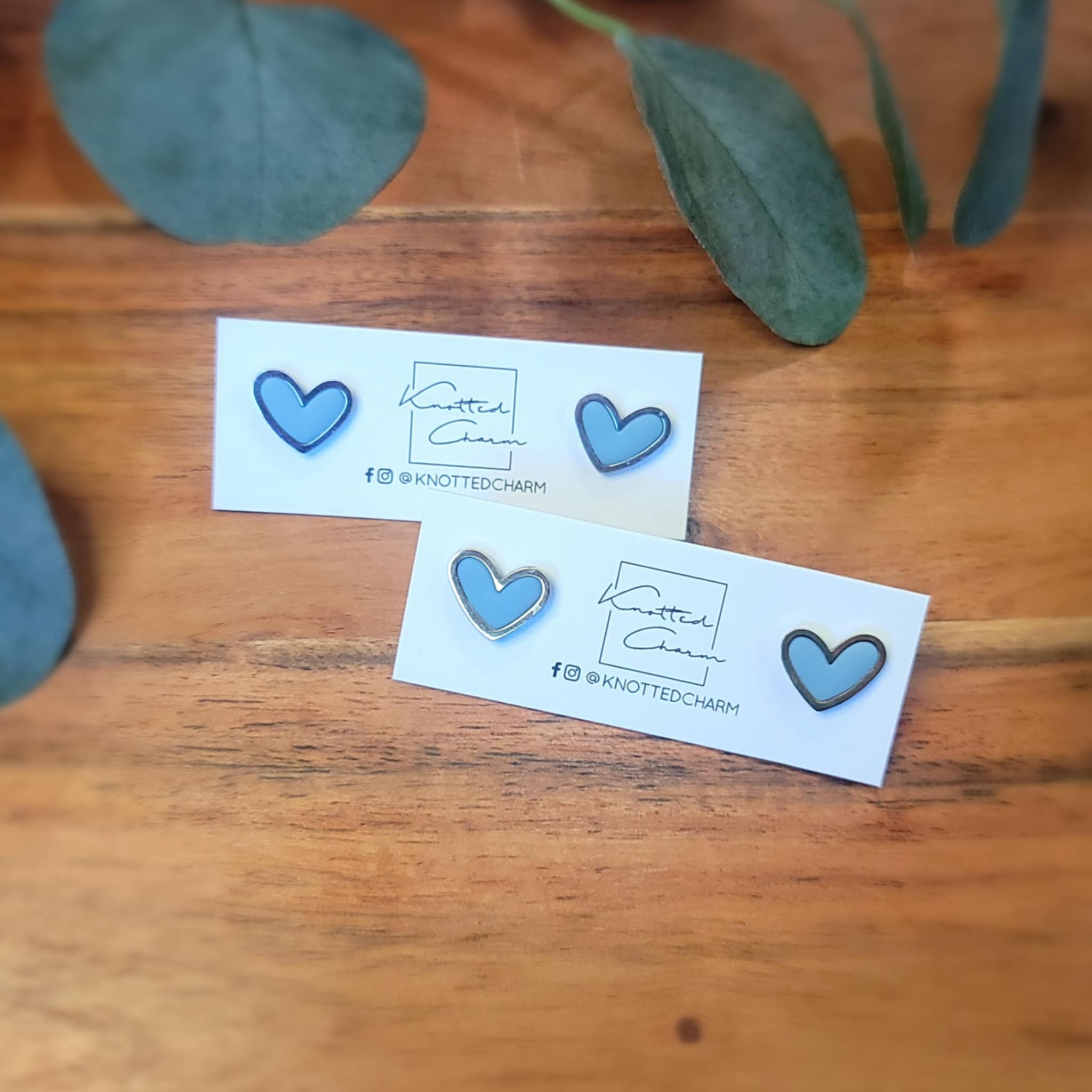 Heart Stud Earrings- Light Blue & Gold
