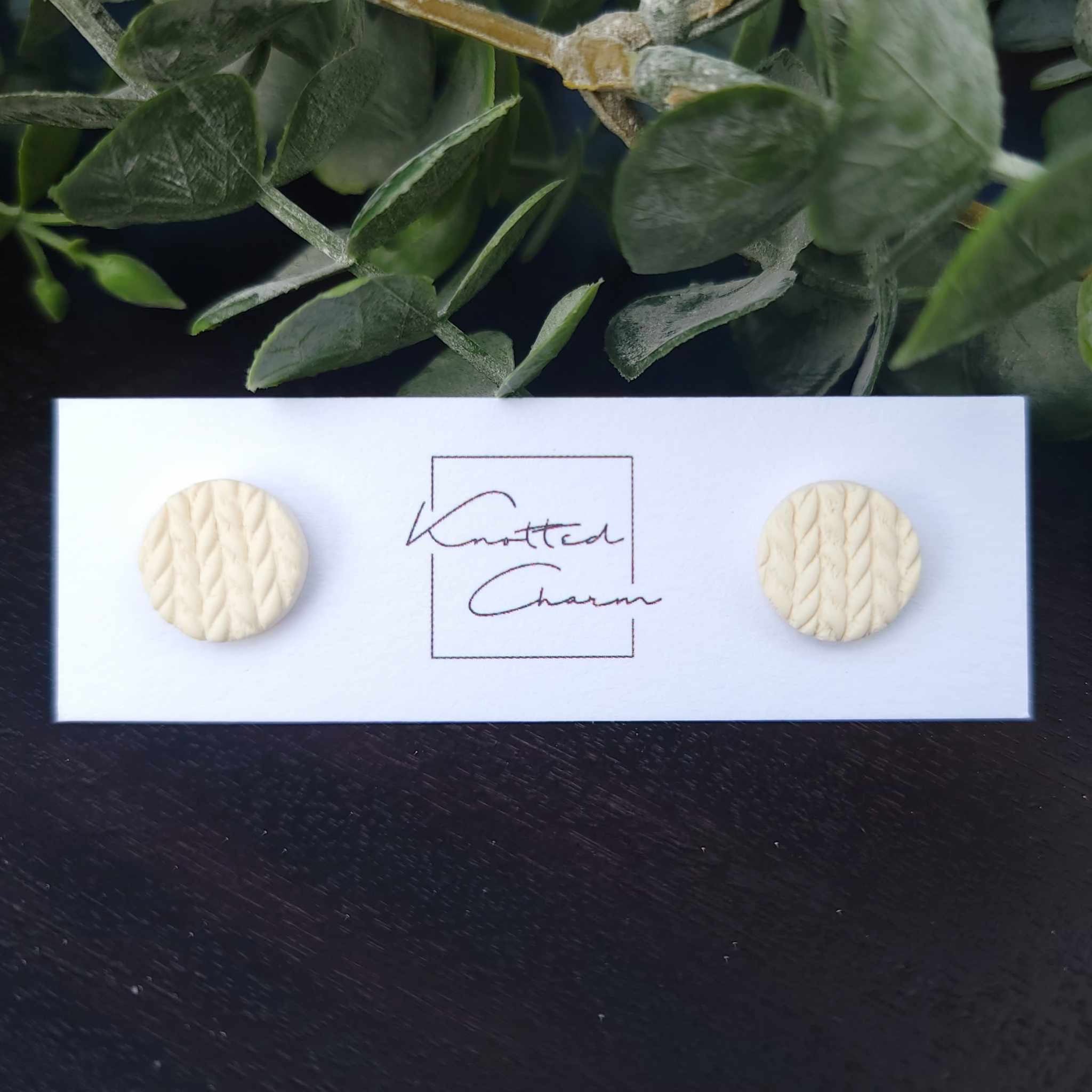 Knit Stud Earrings - Cream