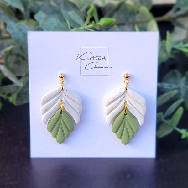 2 Piece Leaf Dangle Earring - Green/Cream