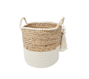 Woven Basket w/Wooden Bead and Tassel Details
