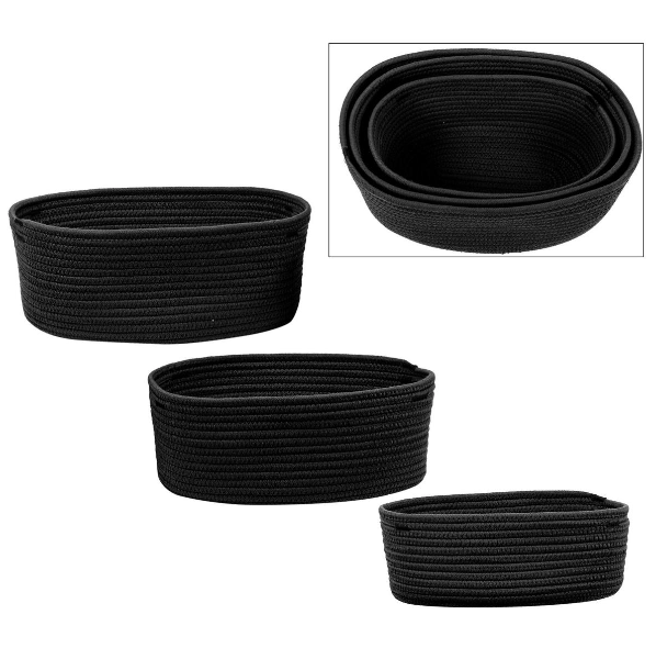 Set of 3 Oblong Black Cotton Rope Baskets Finders Keepers
