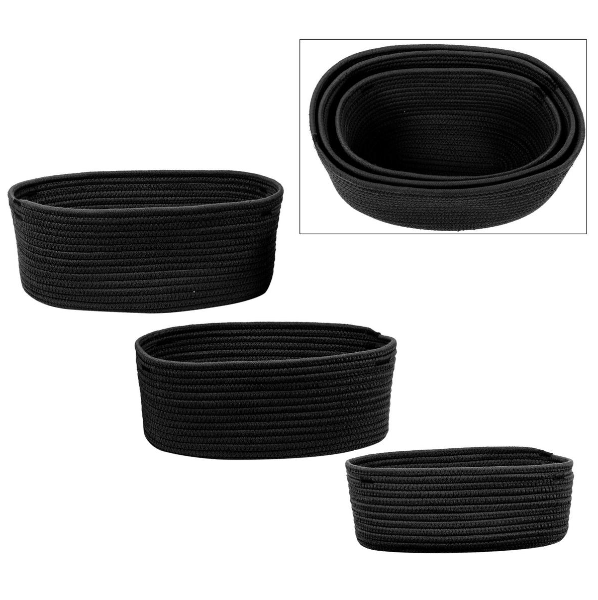 Set of 3 Oblong Black Cotton Rope Baskets