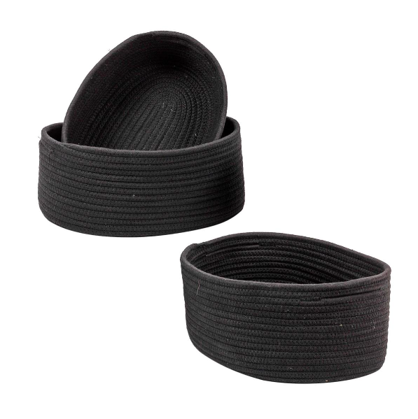 Set of 3 Oblong Black Cotton Rope Baskets