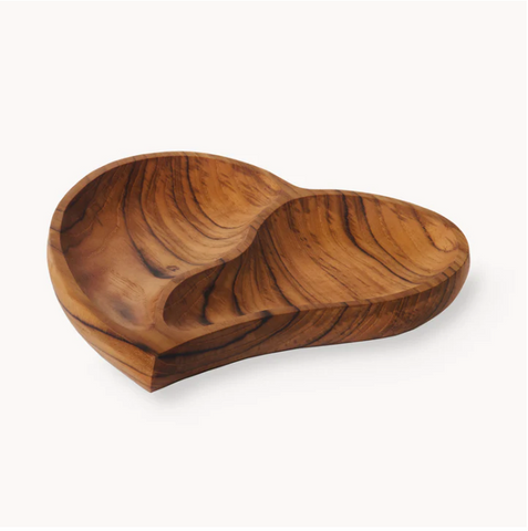 Divided Heart Wooden Shallow Bowl