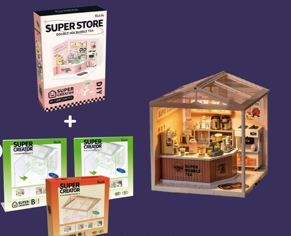 RoLife- Double Joy Bubble Tea | Super Creator DIY Stackable Dollhouse Miniatures Kit