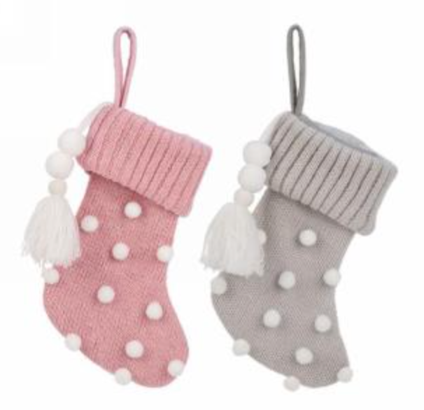 Knit Stocking Pompoms & Tassel Ornament - 2 Assorted Colours