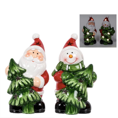 LED Light Up 5.5"H Ceramic Santa orSnowman w/Tree - 2 Styles
