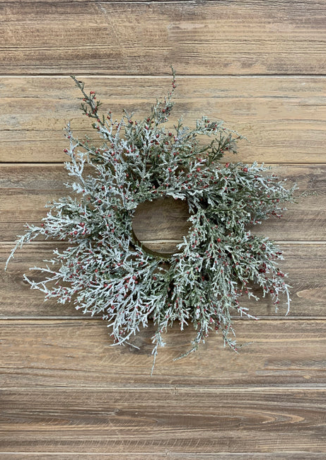11" Glittered Cedar And Red Berries Candle Ring Wreath