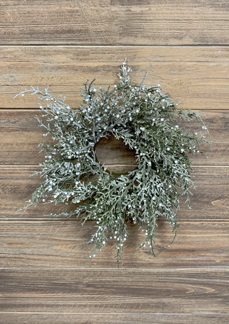 11" Glittered Cedar And White Berries Candle Ring Wreath