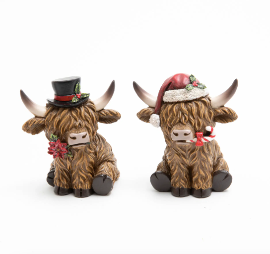 Resin Holiday Highland Cow 4.33"H - 2 Styles