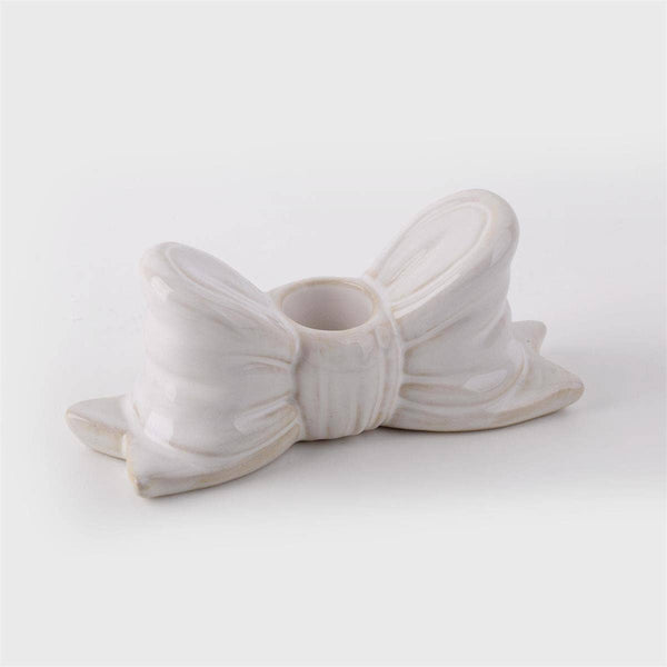Ceramic Bow Taper Candle Holder, White, 5.4"W
