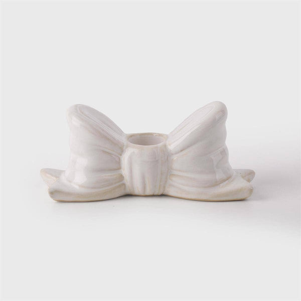 Ceramic Bow Taper Candle Holder, White, 5.4"W