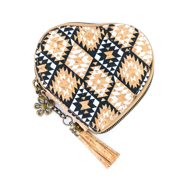 Heart-Shaped Cork Coin Purse with Tassel - Vegan Leather Alternative Zipper Pouch BAG-2370: E