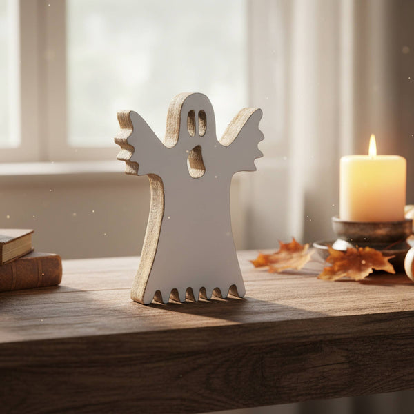 ENAMEL-COATED MANGO WOOD DECOR (WHITE GHOST)