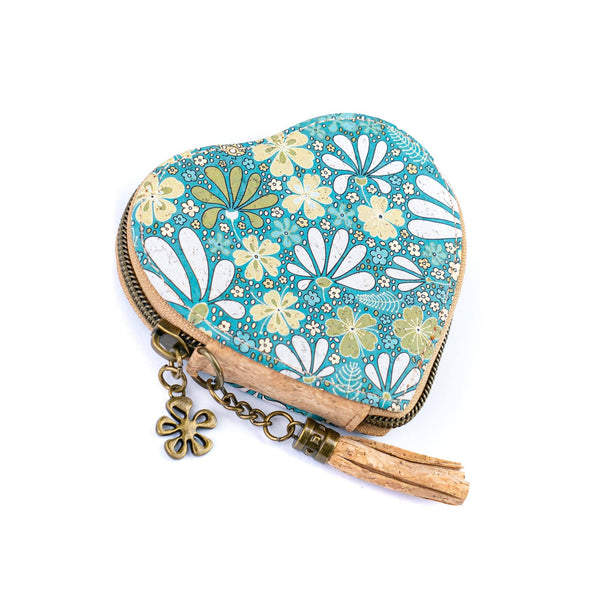 Heart-Shaped Cork Coin Purse with Tassel - Vegan Leather Alternative Zipper Pouch BAG-2370: C