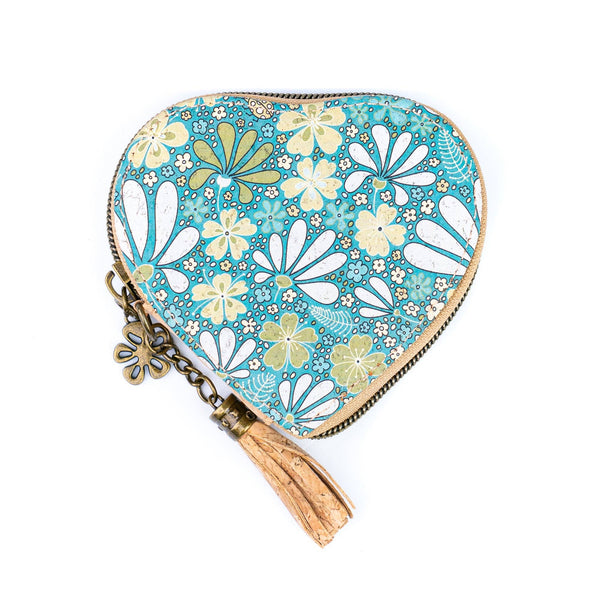 Heart-Shaped Cork Coin Purse with Tassel - Vegan Leather Alternative Zipper Pouch BAG-2370: C