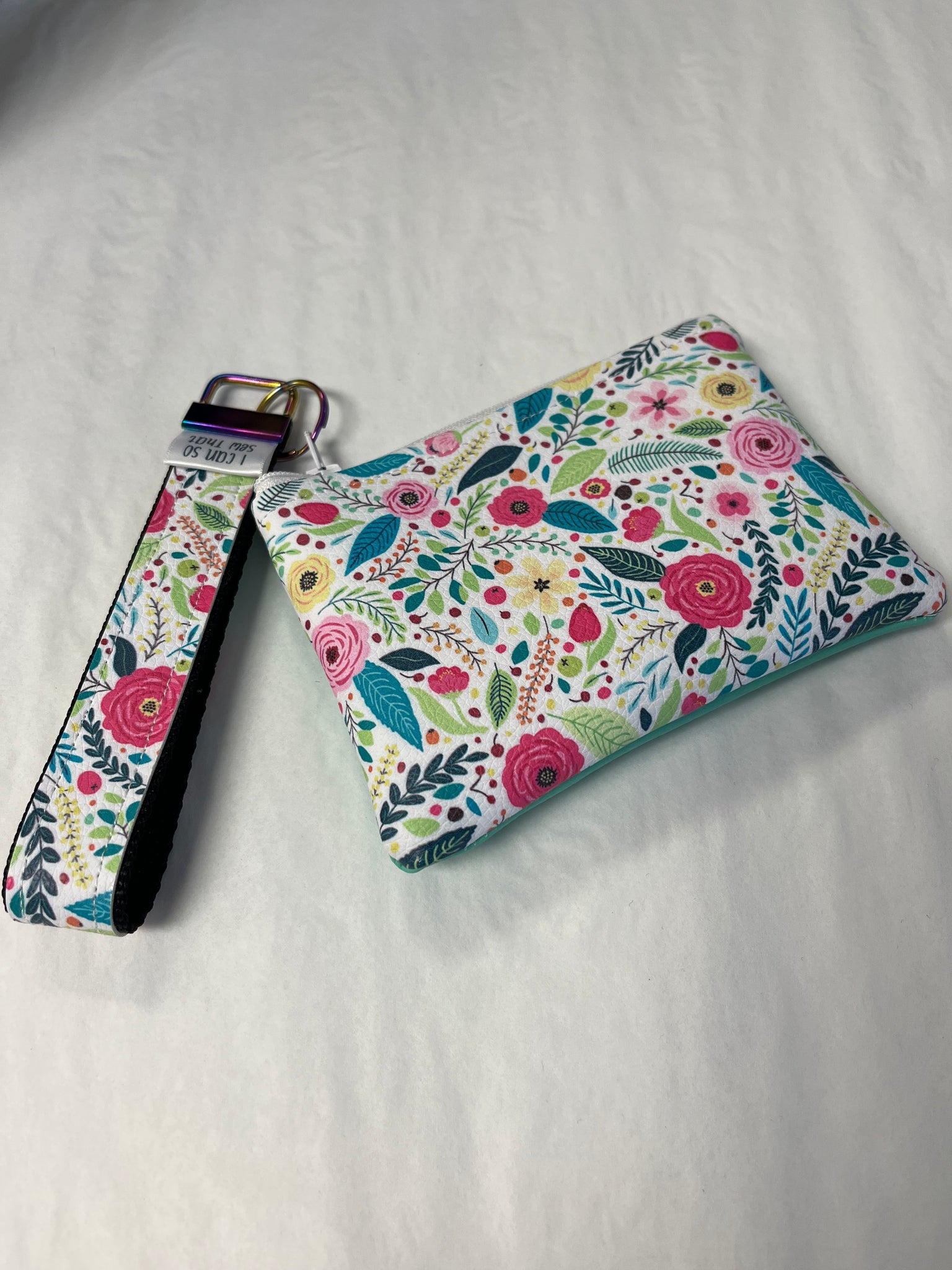 Vegan Leather Zip Pouch 5x5" w/Fob - Greem Floral