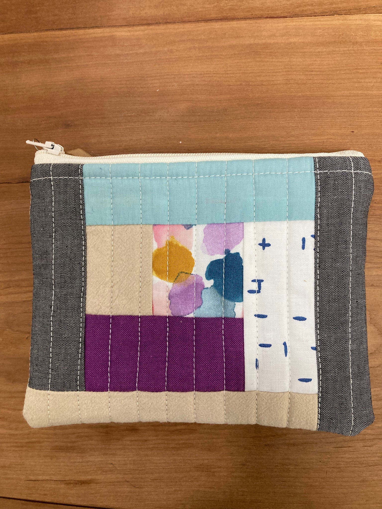 Quilted Pouch 5"x6" - Teal, Grey and Purple With Pattern