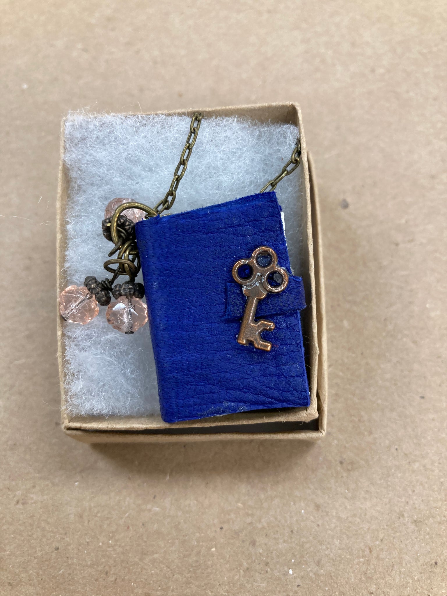 Blue Leather Book W/ Key Charm Necklace