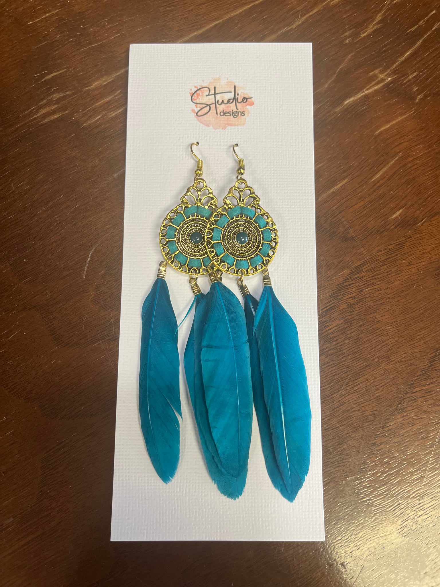 Blue Dangle Earring with Feather