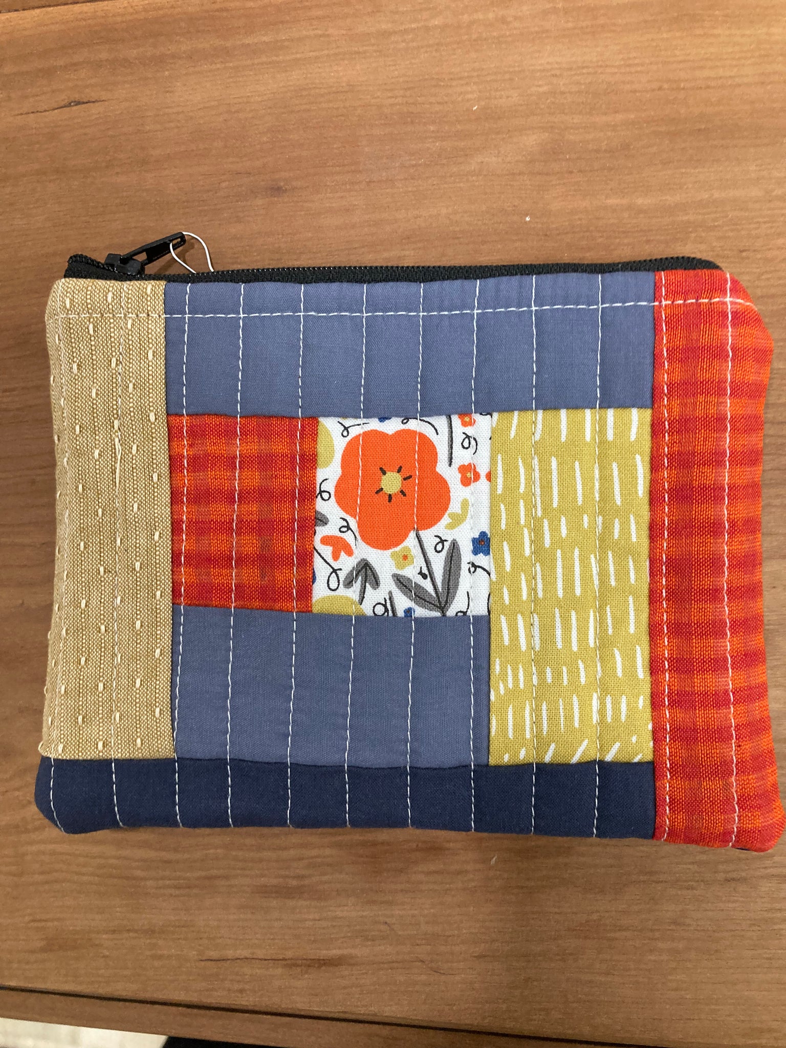 Quilted Pouch 5"x6" - Grey, Orange And Mustard With Pattern