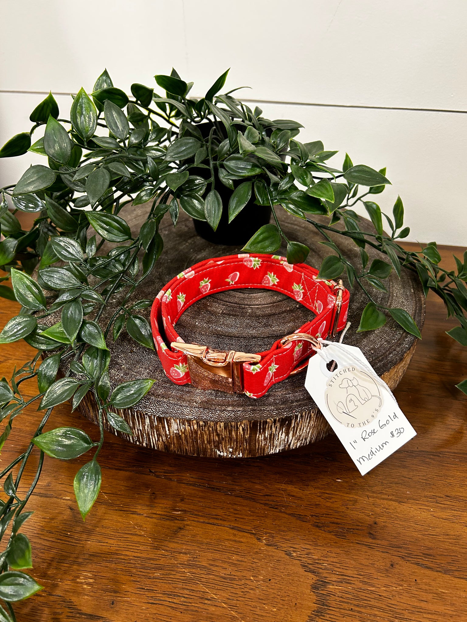 Strawberry Print Dog Collar W/ Rose Gold Clasp - Medium