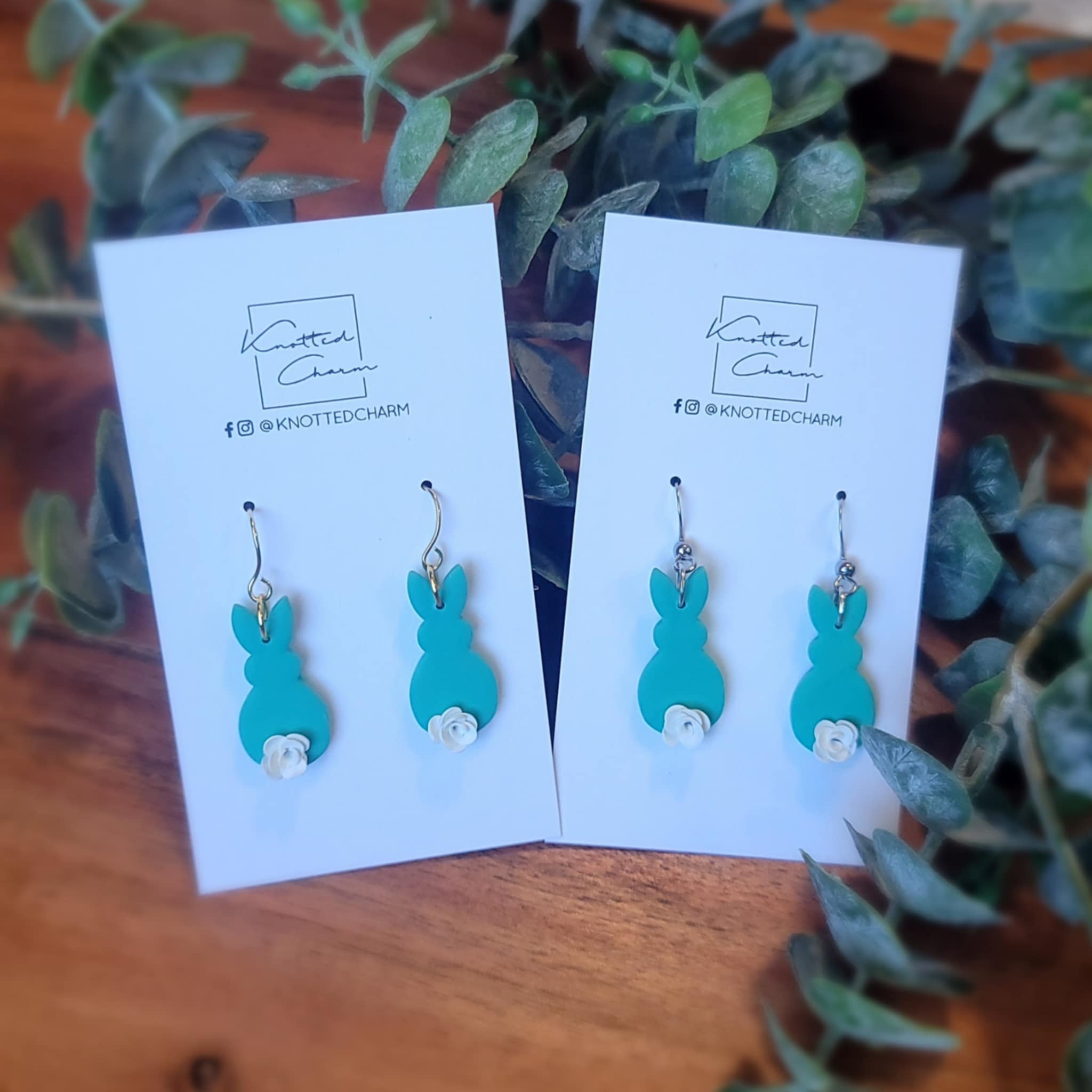 Bunny dangle earrings- Teal and Silver