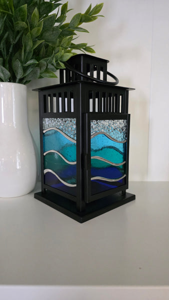 Stained Glass Small 4 Panel Lantern- Blue Waves