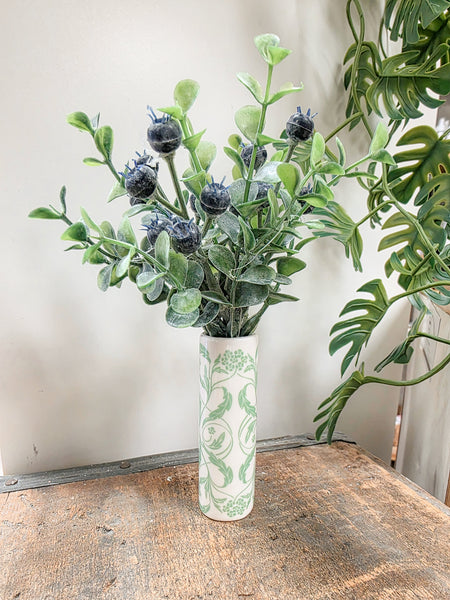 Vintage Green Floral Ceramic Bud Vase