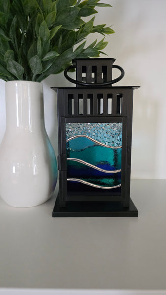 Stained Glass Small 4 Panel Lantern- Blue Waves