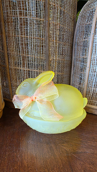 Vintage Yellow Glass Nesting Bunny Dish