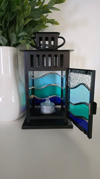 Stained Glass Small 4 Panel Lantern- Blue Waves